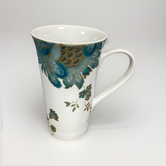 222 Fifth Eliza Teal Floral Latte Porcelain Mug - 6.5”Hx4”D - Picture 1 of 8
